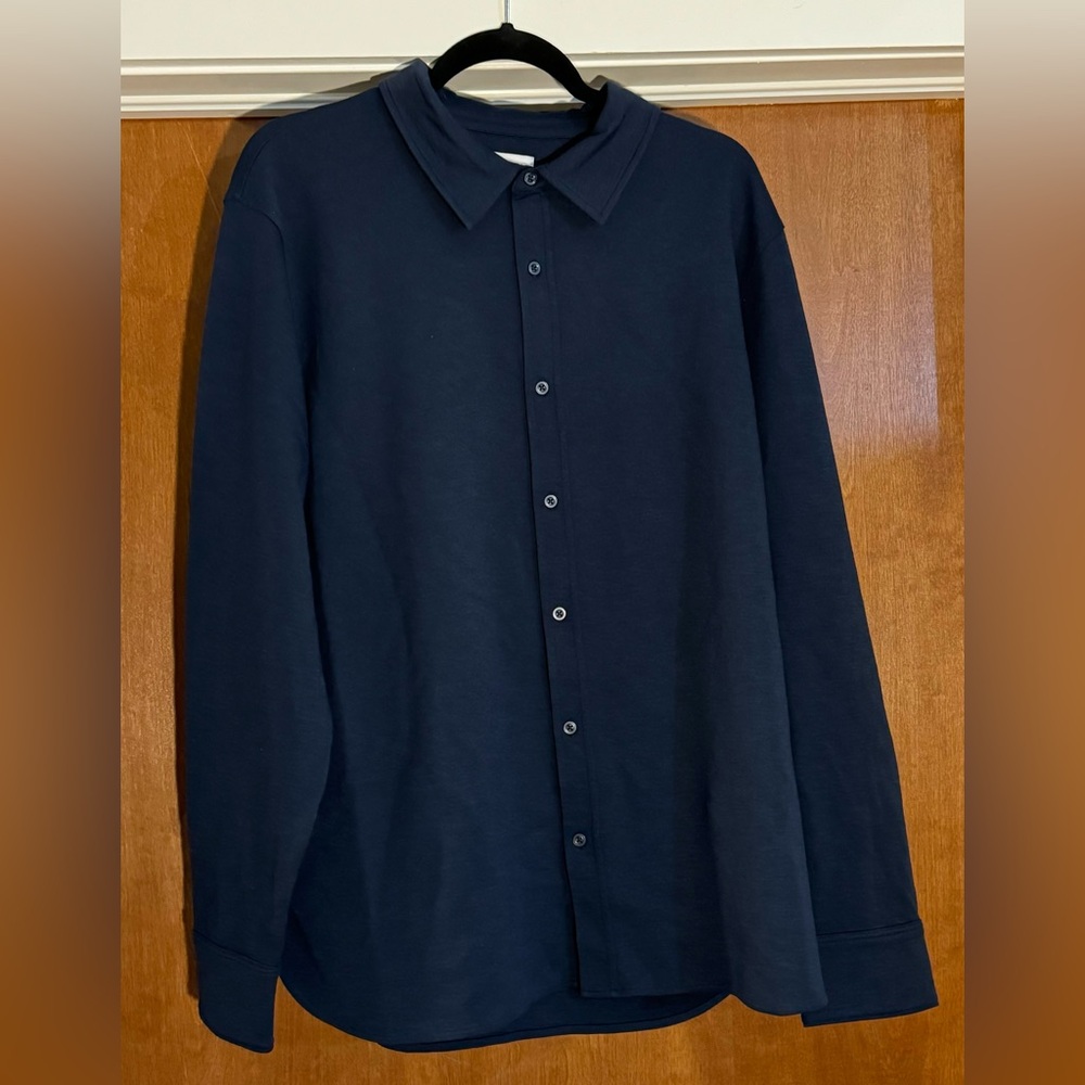 Nordstrom Men’s Shop Merino-Blend Knit Button-Up Shirt (Navy Iris Heather, XL)